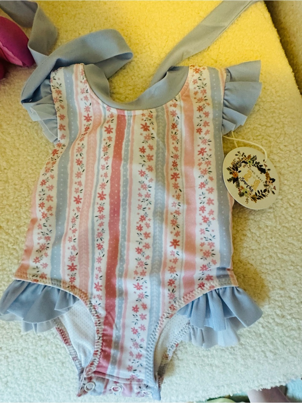Toddler Floral Stripe Ruffle One-Piece Swimsuit in Pink & Light Blue